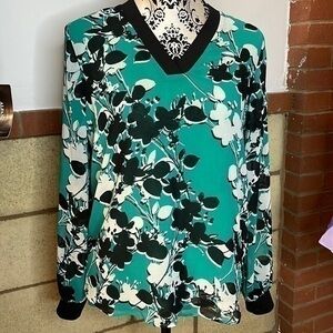 Calvin Klein Women Blouse Green US XS Knit Floral Long Sleeve V-Neck $79
